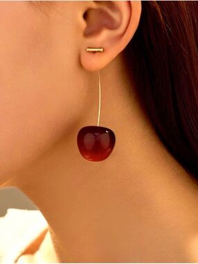 Cherry Drop Earrings Gold Tone Resin Statement Minimalist Chic Coquette Cute NWT